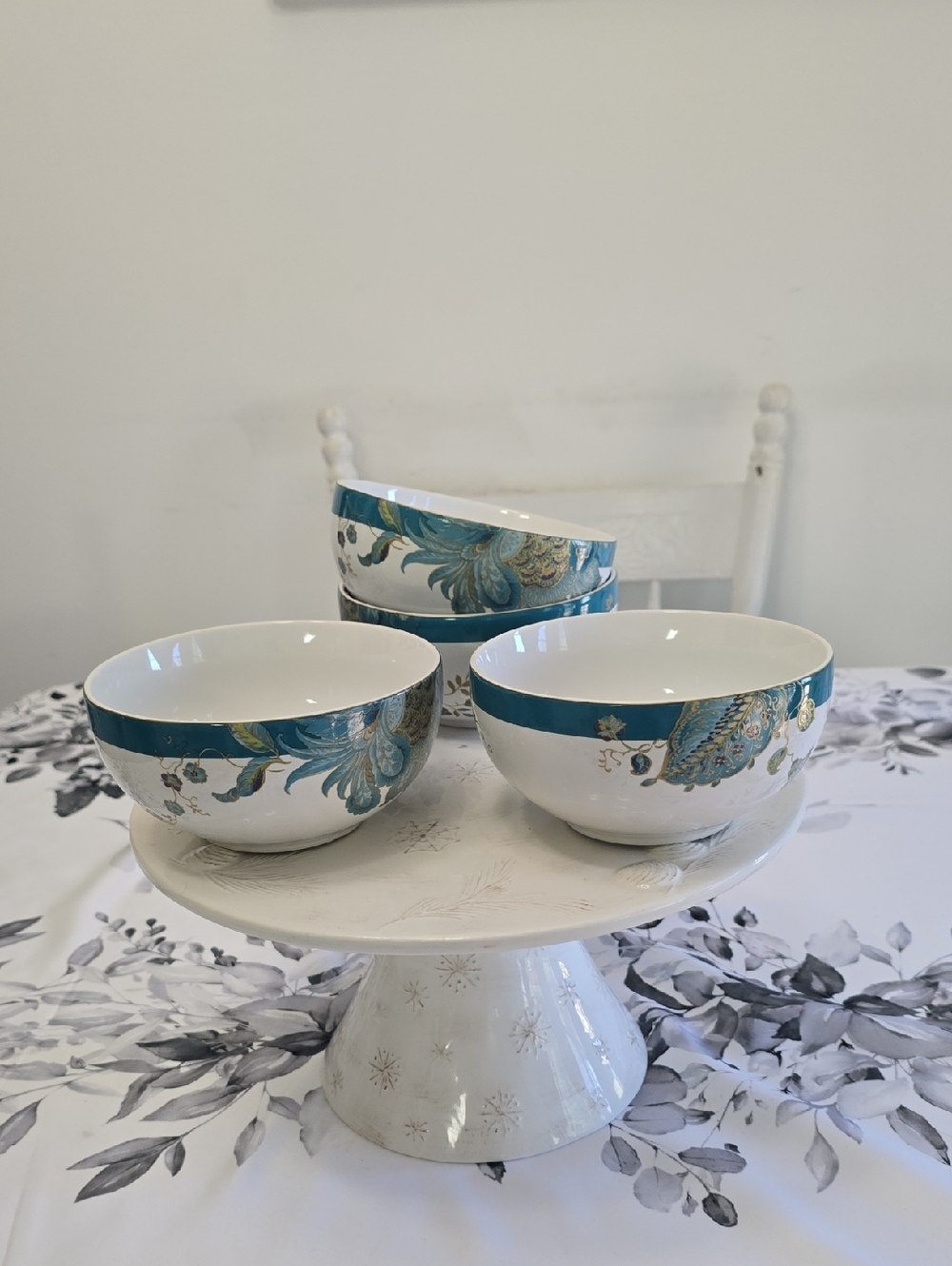 222 Fifth Set Of 4 Eliza Porcelain Fine China Soup Cereal Bowls Teal Peacock
